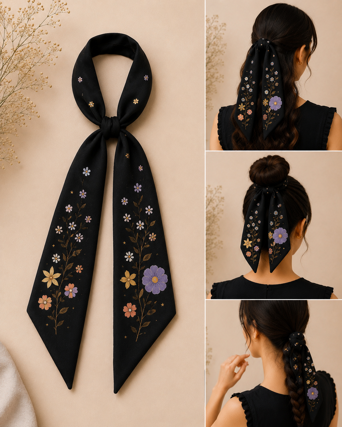 BLACK HAND-PAINTED HAIR TIE